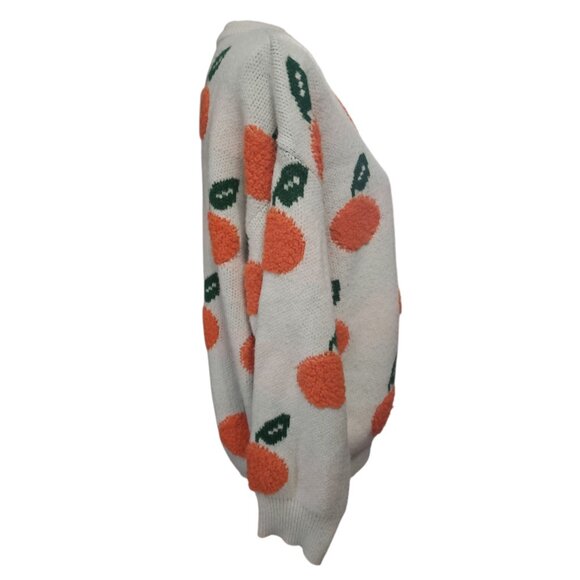 Cider Orange Knit Tufted Pullover Sweater Women’s White Orange and Green | Large - Picture 2 of 6